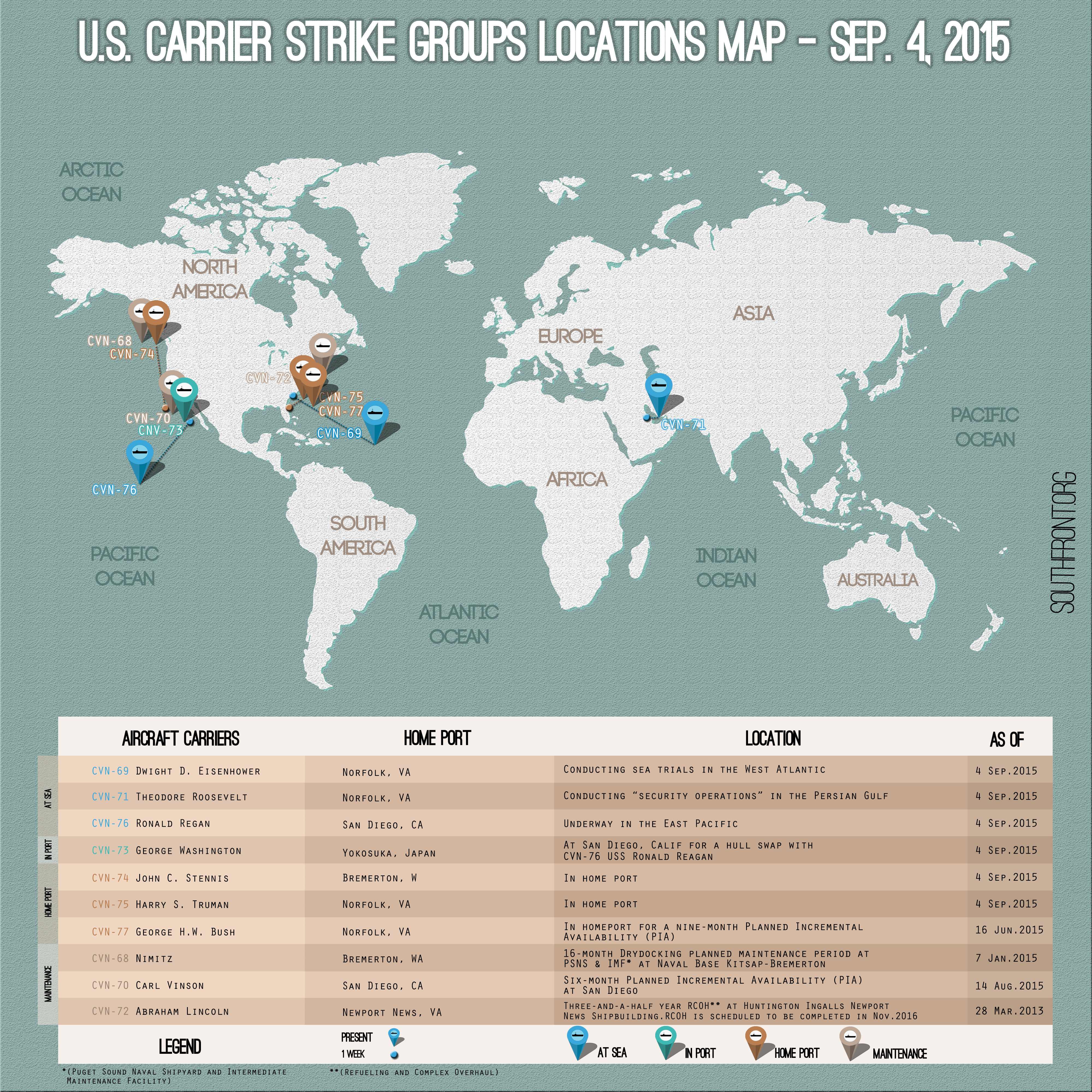 U.S. Carrier Strike Groups Locations Map - Sep. 4, 2015