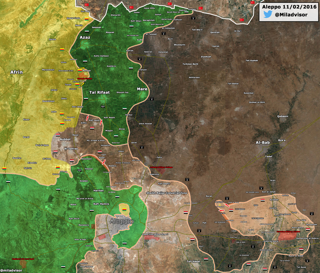 Map: Military situation in North Aleppo. YPG Captures Menagh Air Base.