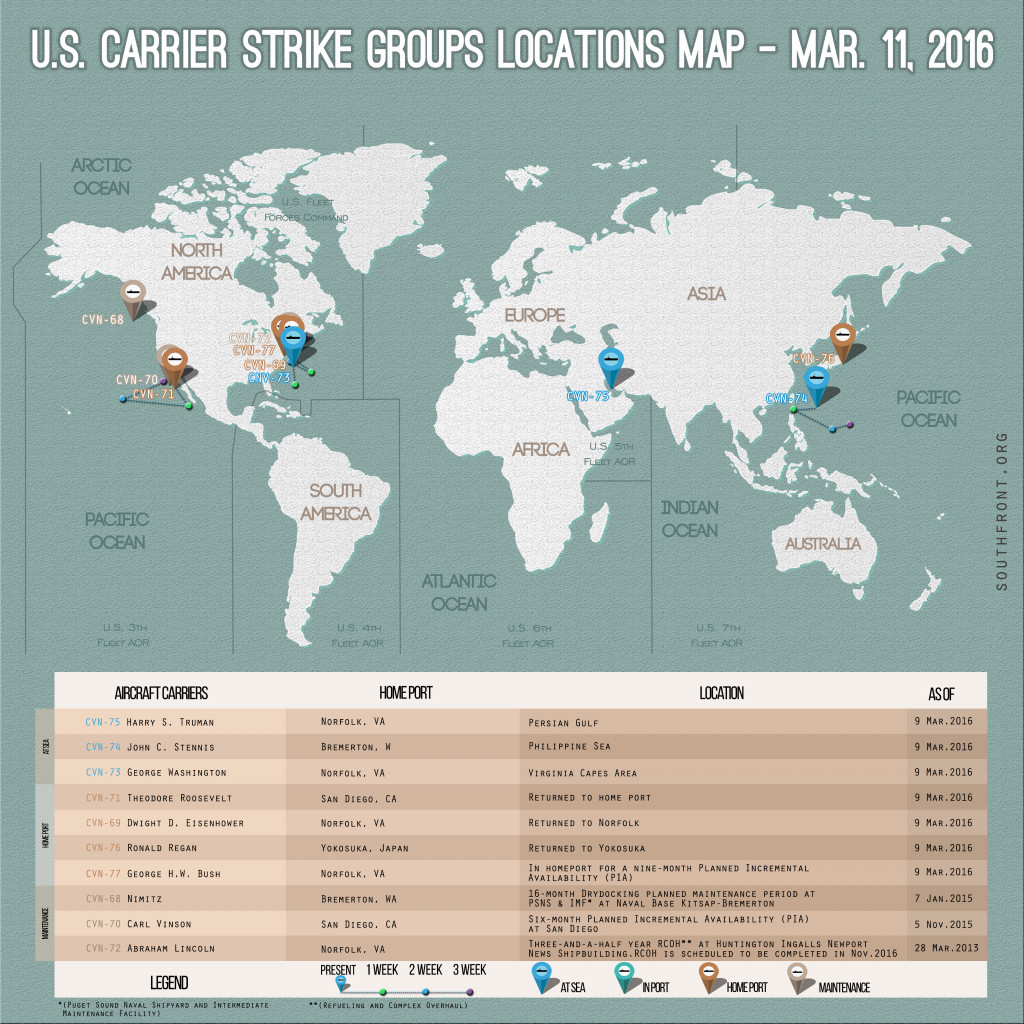 U.S. Carrier Strike Groups Locations Map – Mar. 11, 2016