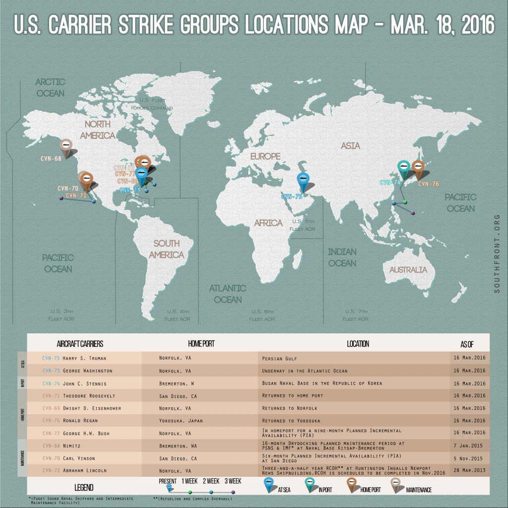 U.S. Carrier Strike Groups Locations Map – Mar. 18, 2016