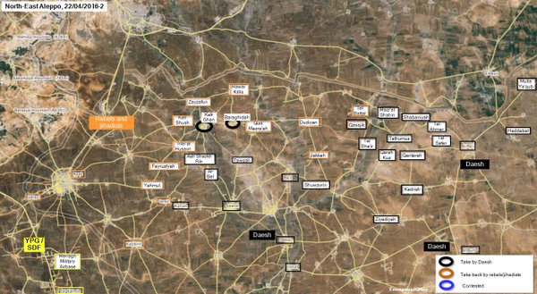 Map: Military situation in Northern Syria on April 23. ISIS retakes Kafr Ghan & Baraghitah