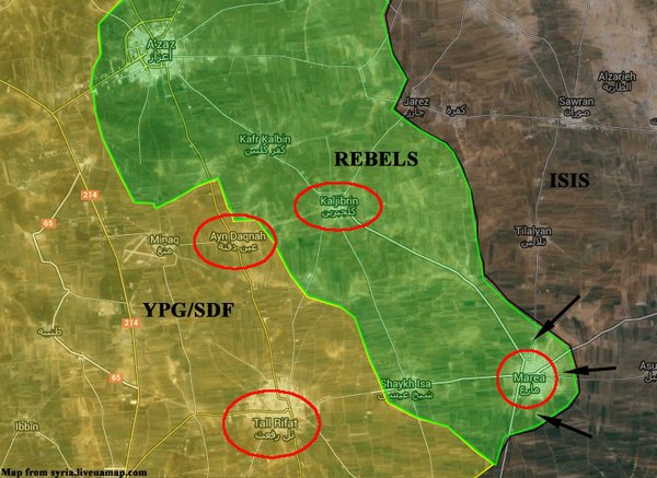 Map: YPG, FSA and ISIS Rumble around Azaz in Northern Syria