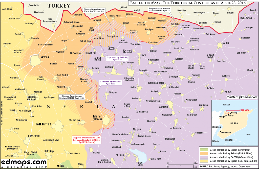 Map: Military situation in Northern Syria on April 23. ISIS retakes Kafr Ghan & Baraghitah