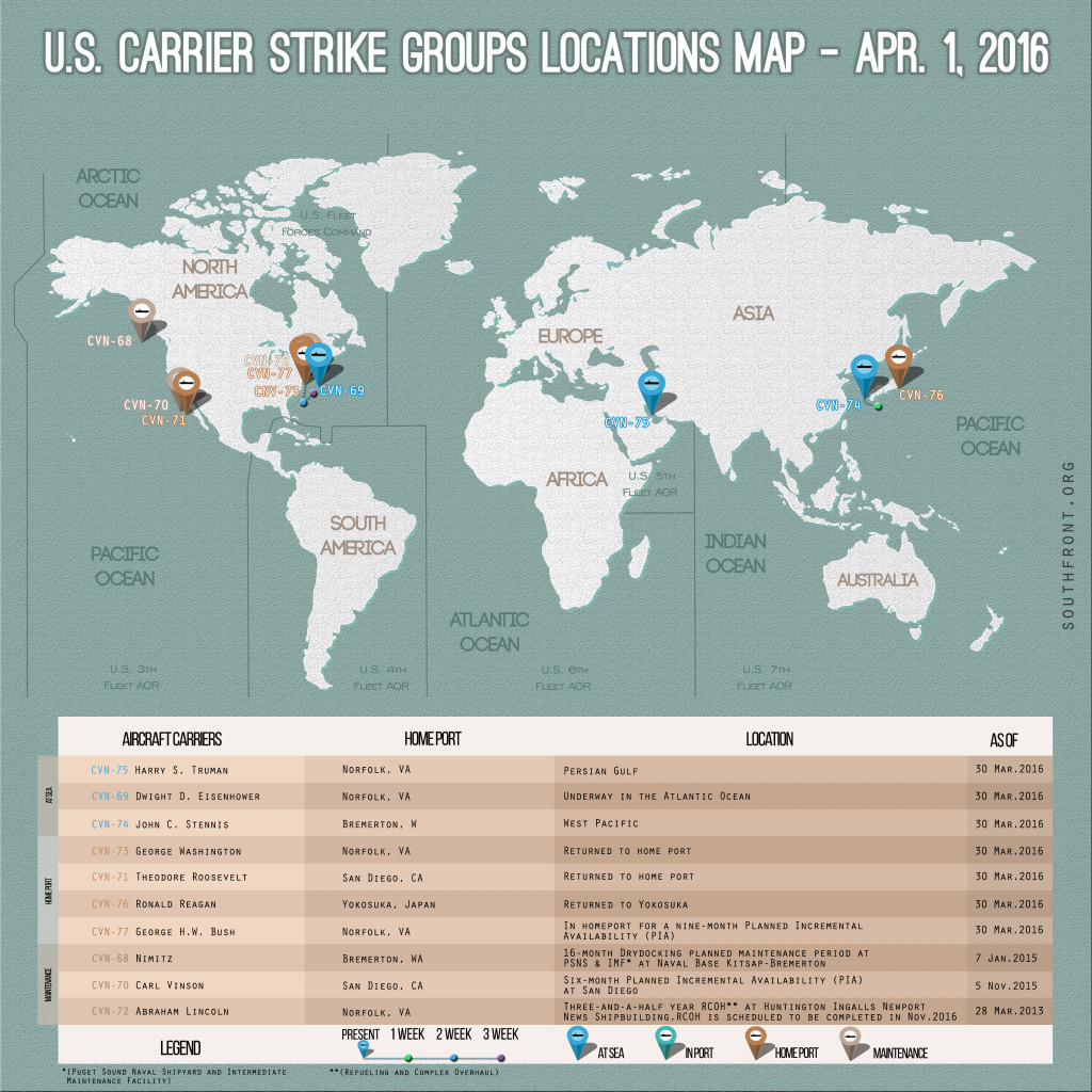 U.S. Carrier Strike Groups Locations Map – April 1, 2016