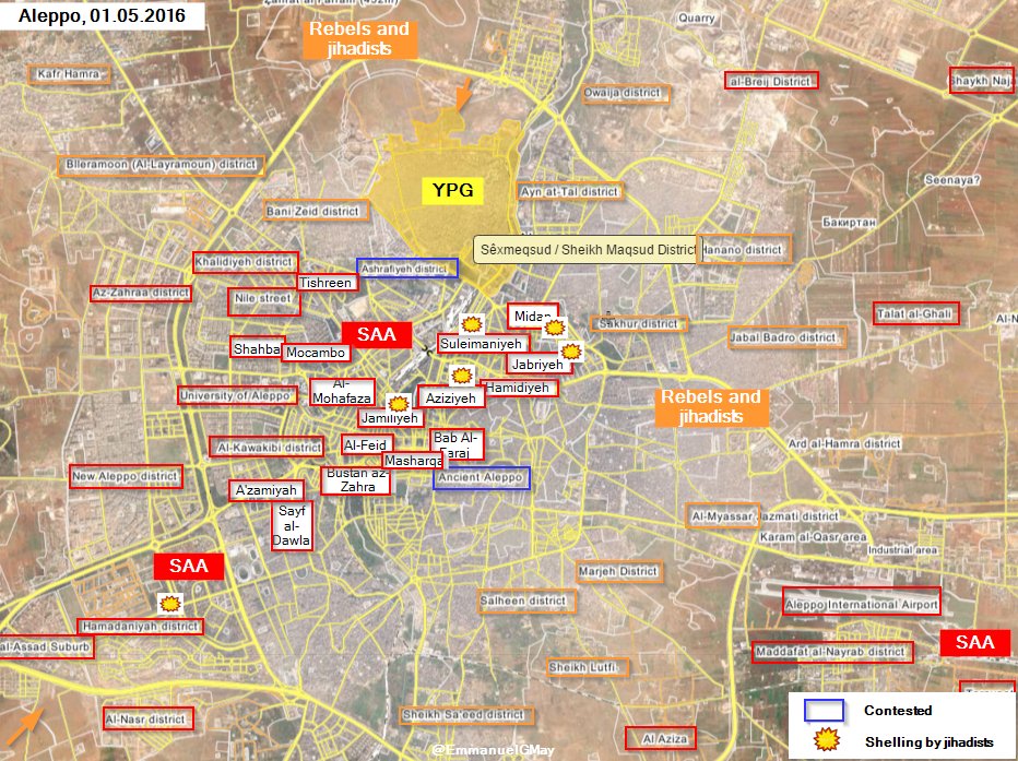 Military Situation in Aleppo, Syria. Militants Shell Government and Kurdish Controlled Districts