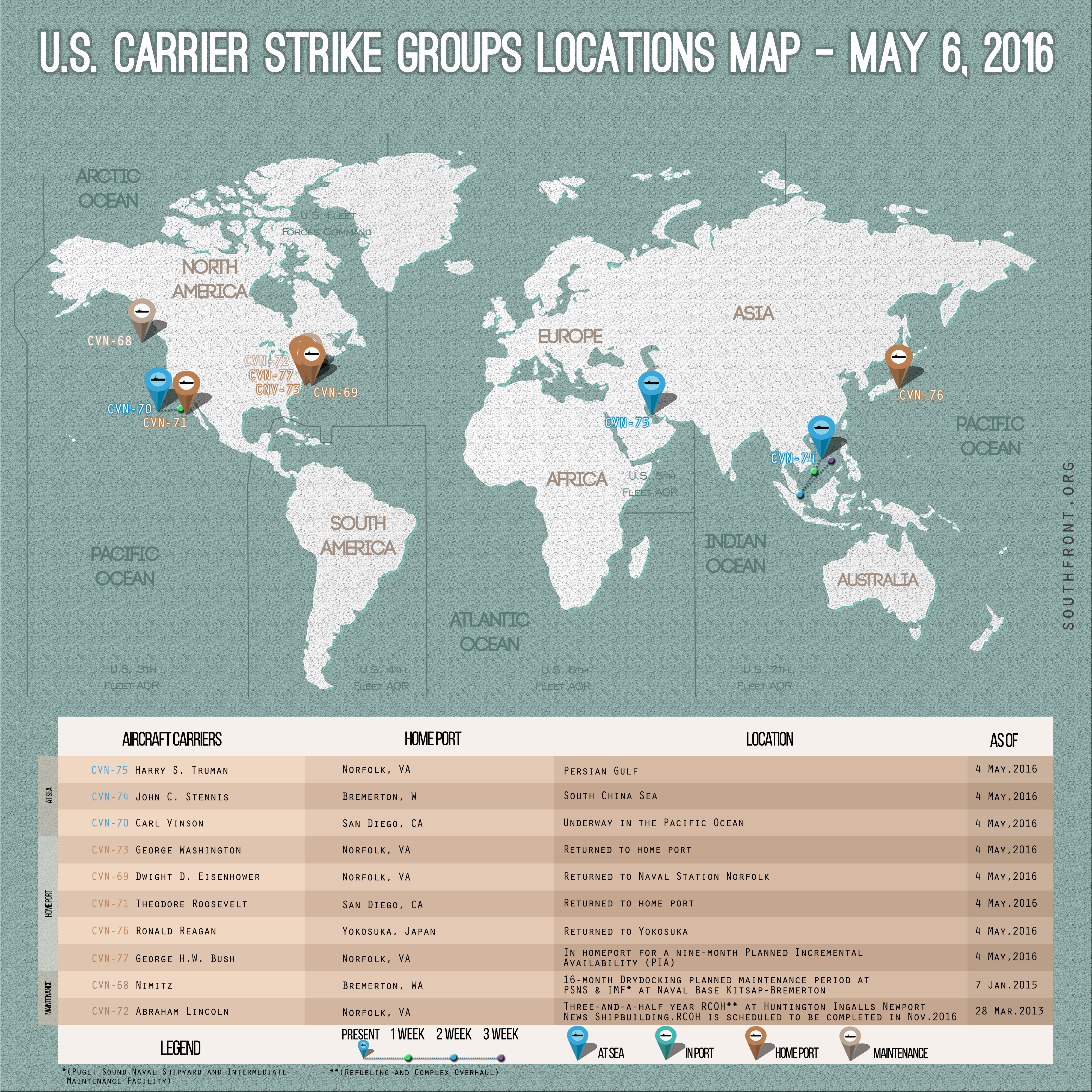 U.S. Carrier Strike Groups Locations Map – May 6, 2016