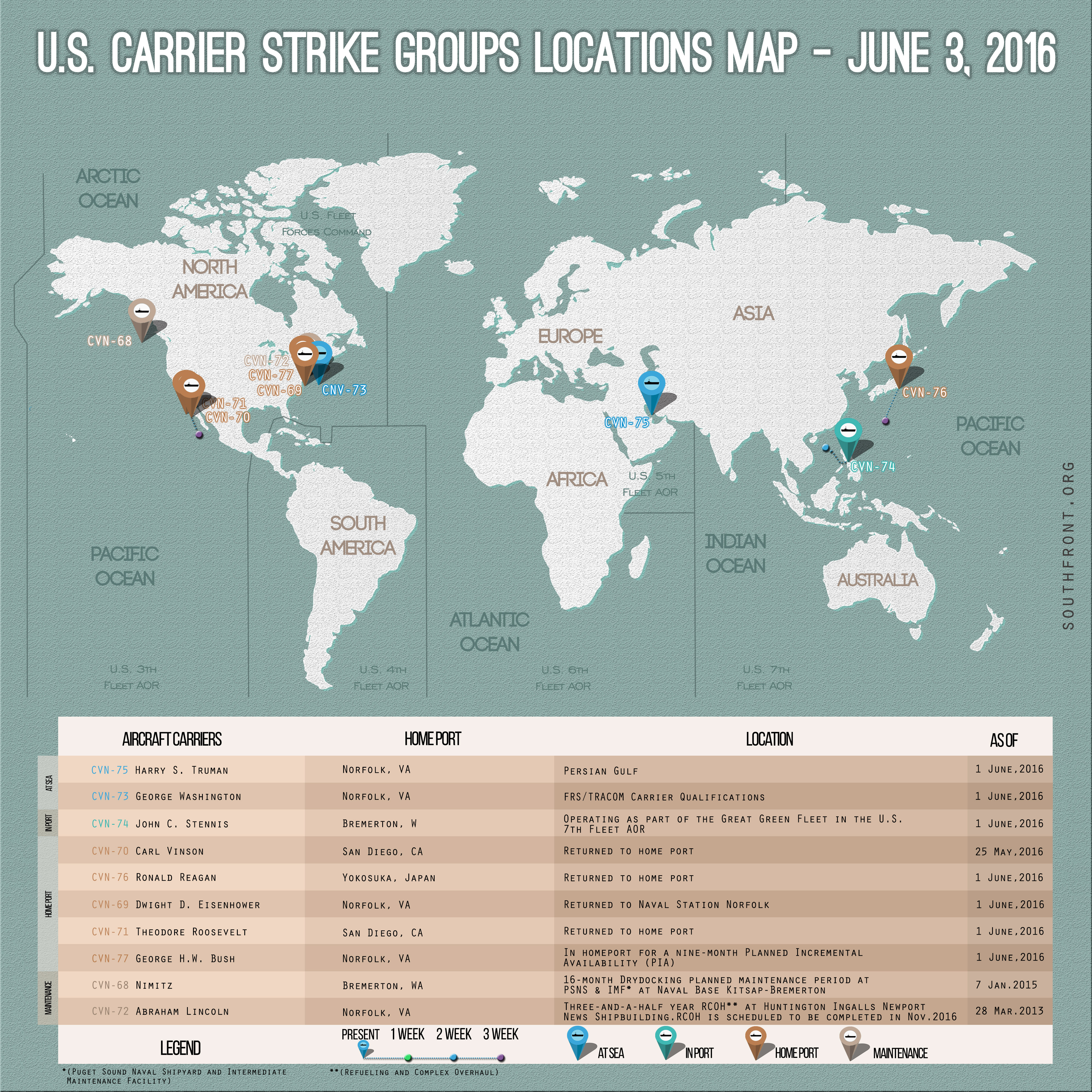 U.S. Carrier Strike Groups Locations Map – June 3, 2016