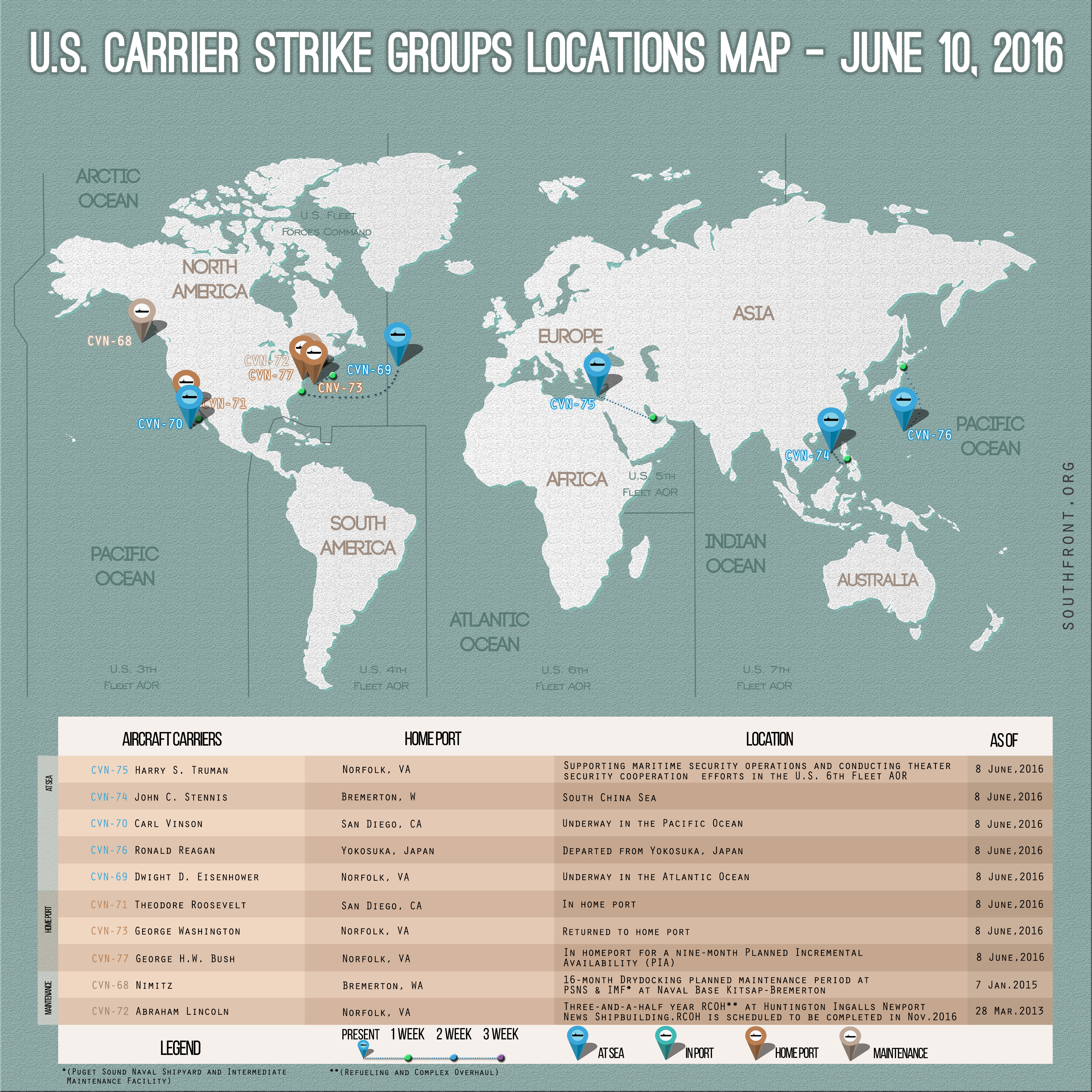 U.S. Carrier Strike Groups Locations Map – June 10, 2016