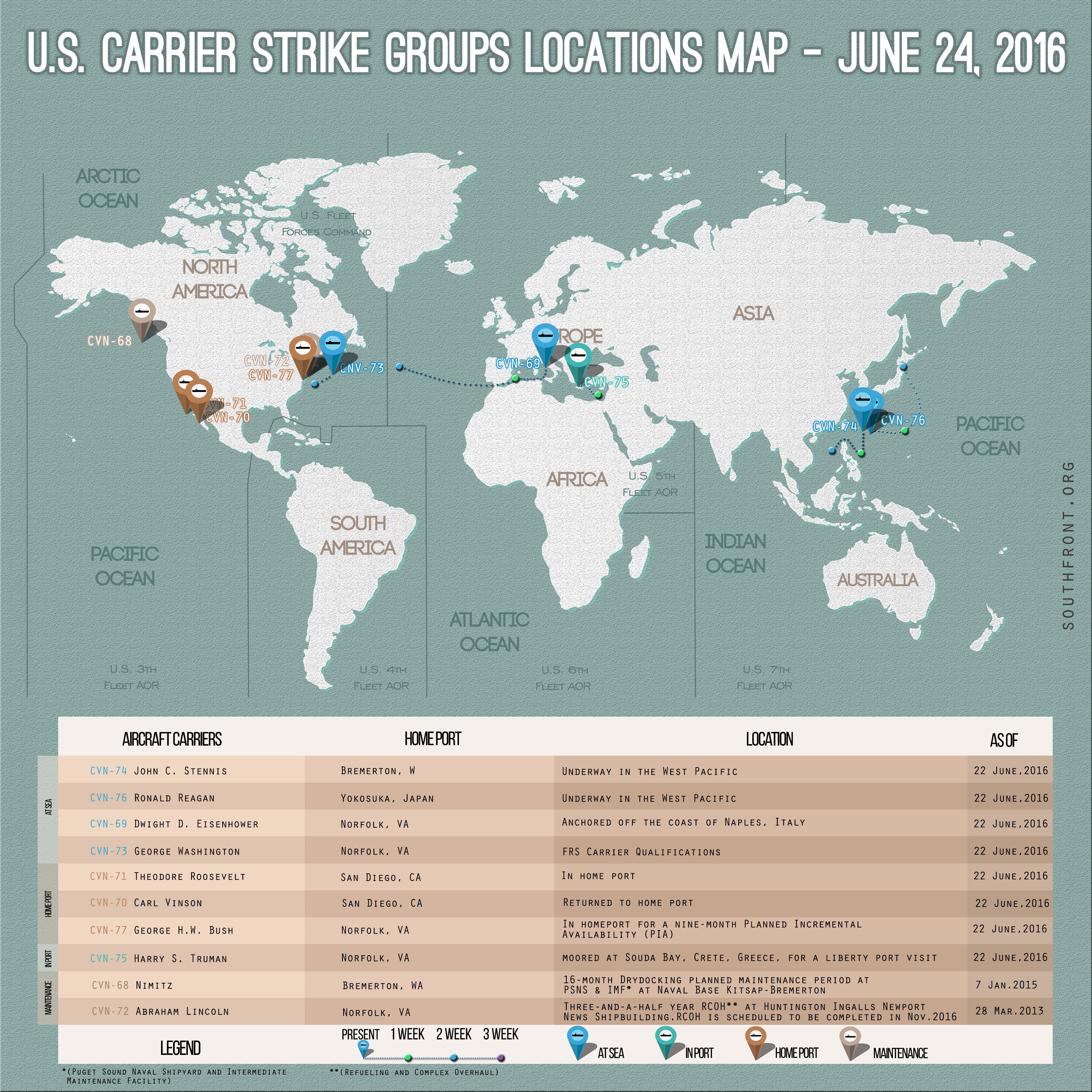 US Carrier Strike Groups Locations Map – June 24, 2016