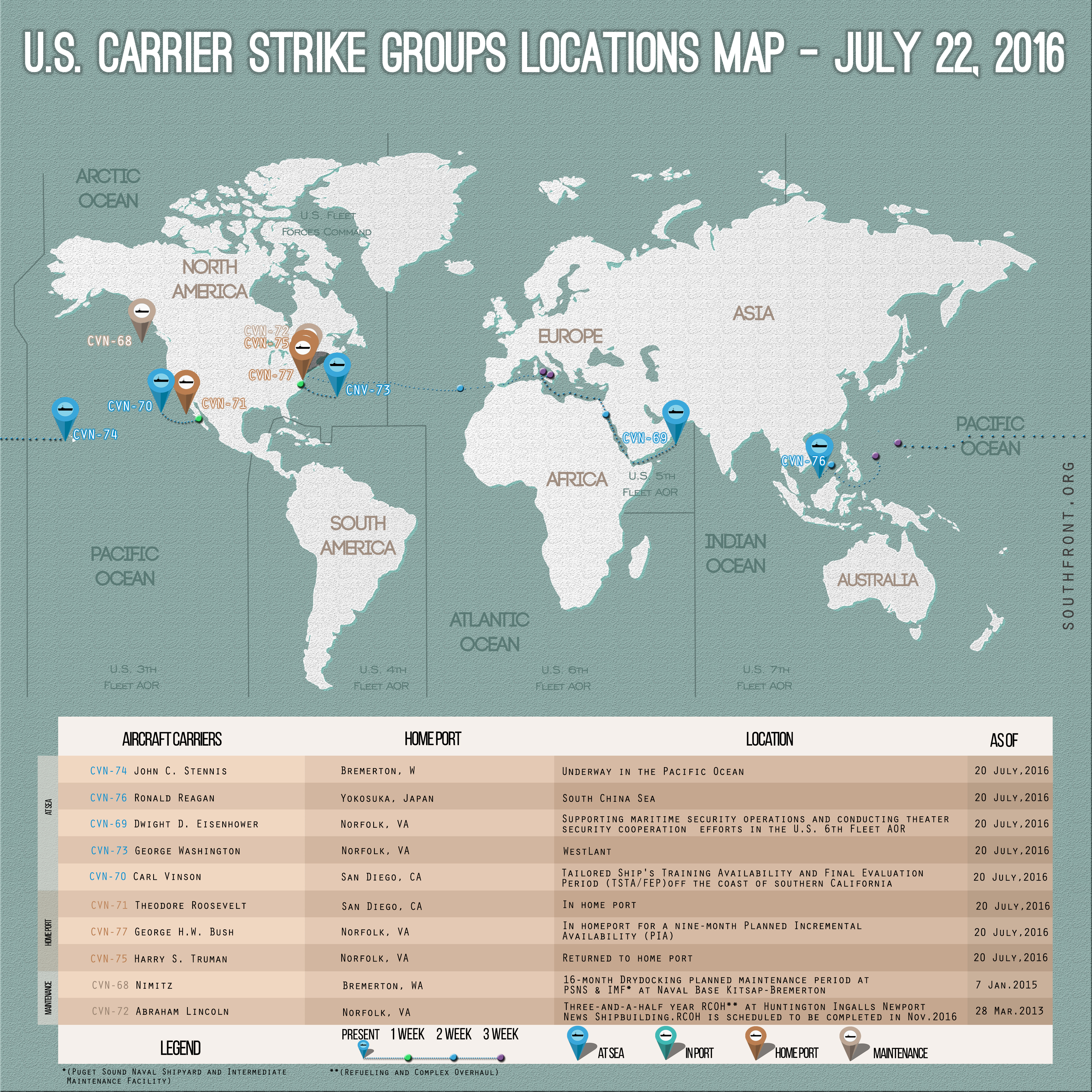 US Carrier Strike Groups Locations Map – July 22, 2016