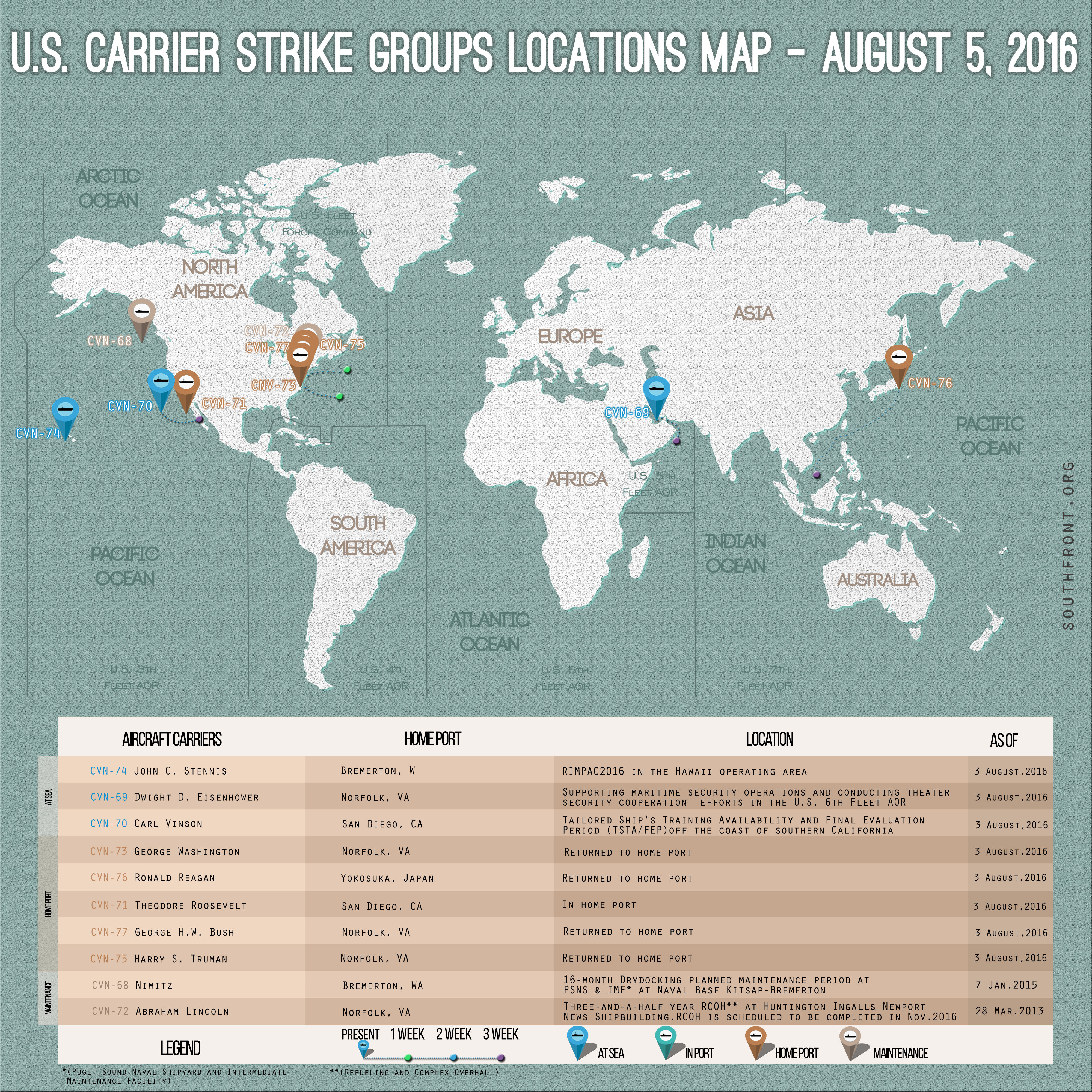 US Carrier Strike Groups Locations Map – August 5, 2016