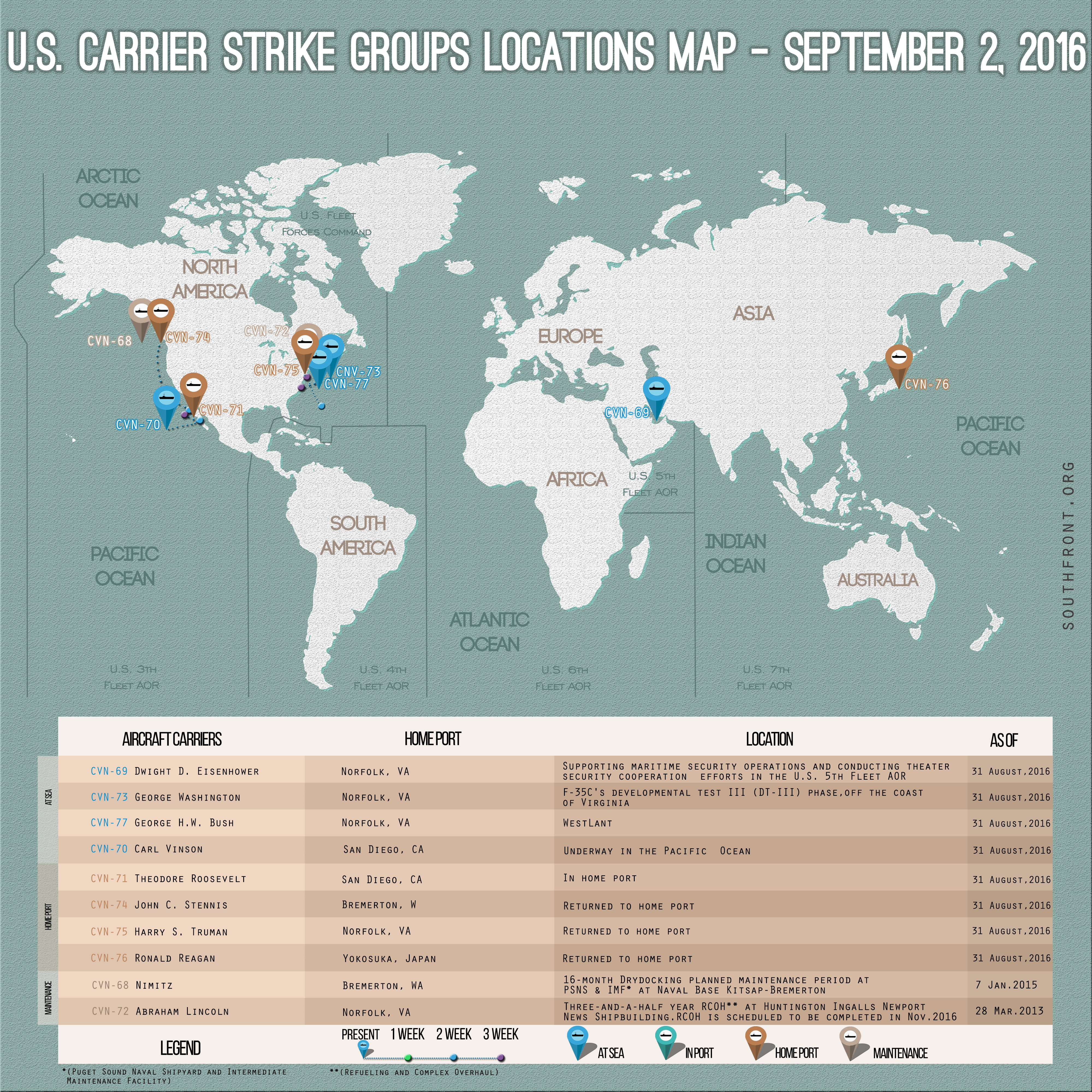 US Carrier Strike Groups Locations Map – September 2, 2016