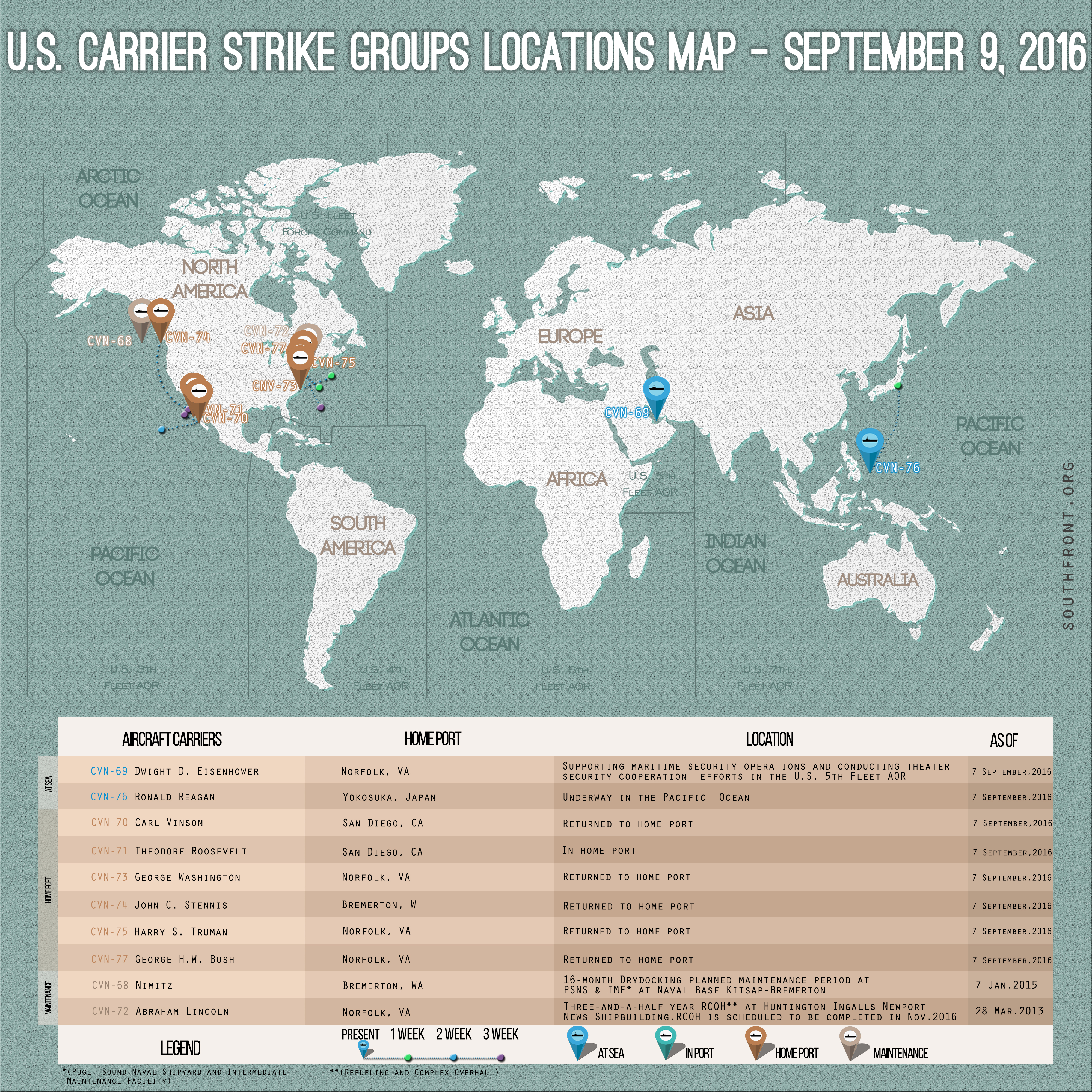 US Carrier Strike Groups Locations Map – September 9, 2016