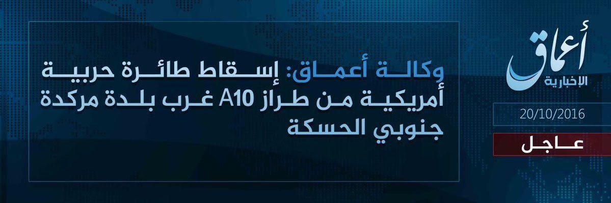 ISIS Claims to Down US A-10 Thunderbolt II Warplane in Hasakah Province