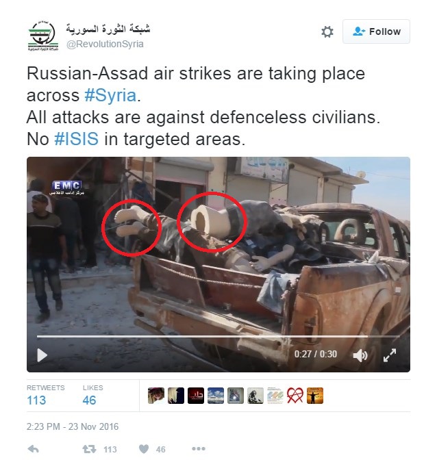 Fresh Militant Propaganda Claims Civilian Casualties from "Russia-Assad Airstrikes", Shows Mannequins in "Video Proof"