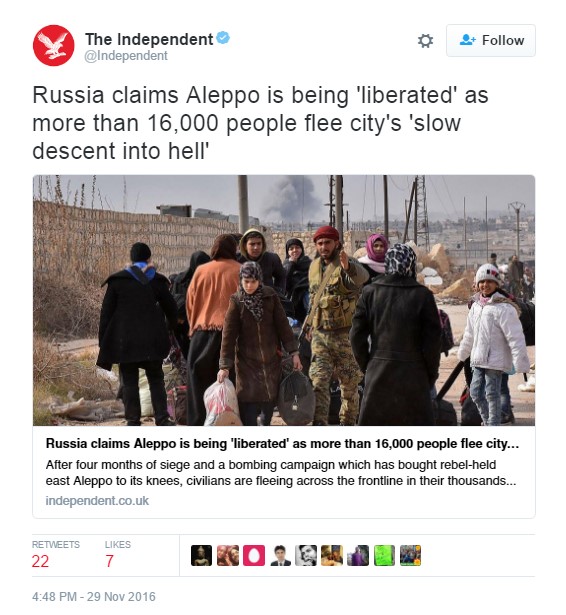 Mainstream Media Wants You to Believe that 16,000 Aleppo Citizens Escape from 'Assad Forces'