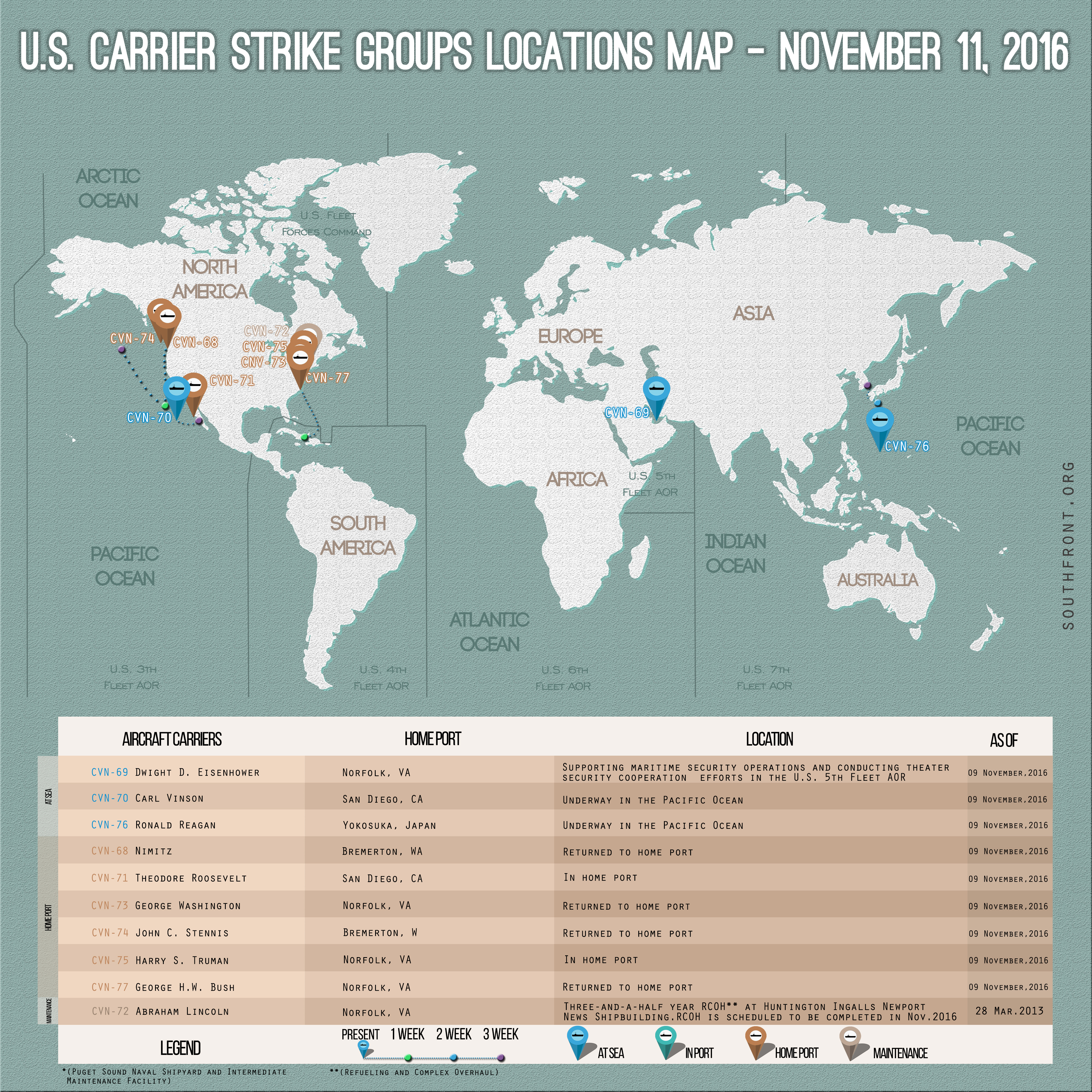 US Carrier Strike Groups Locations Map – November 11, 2016