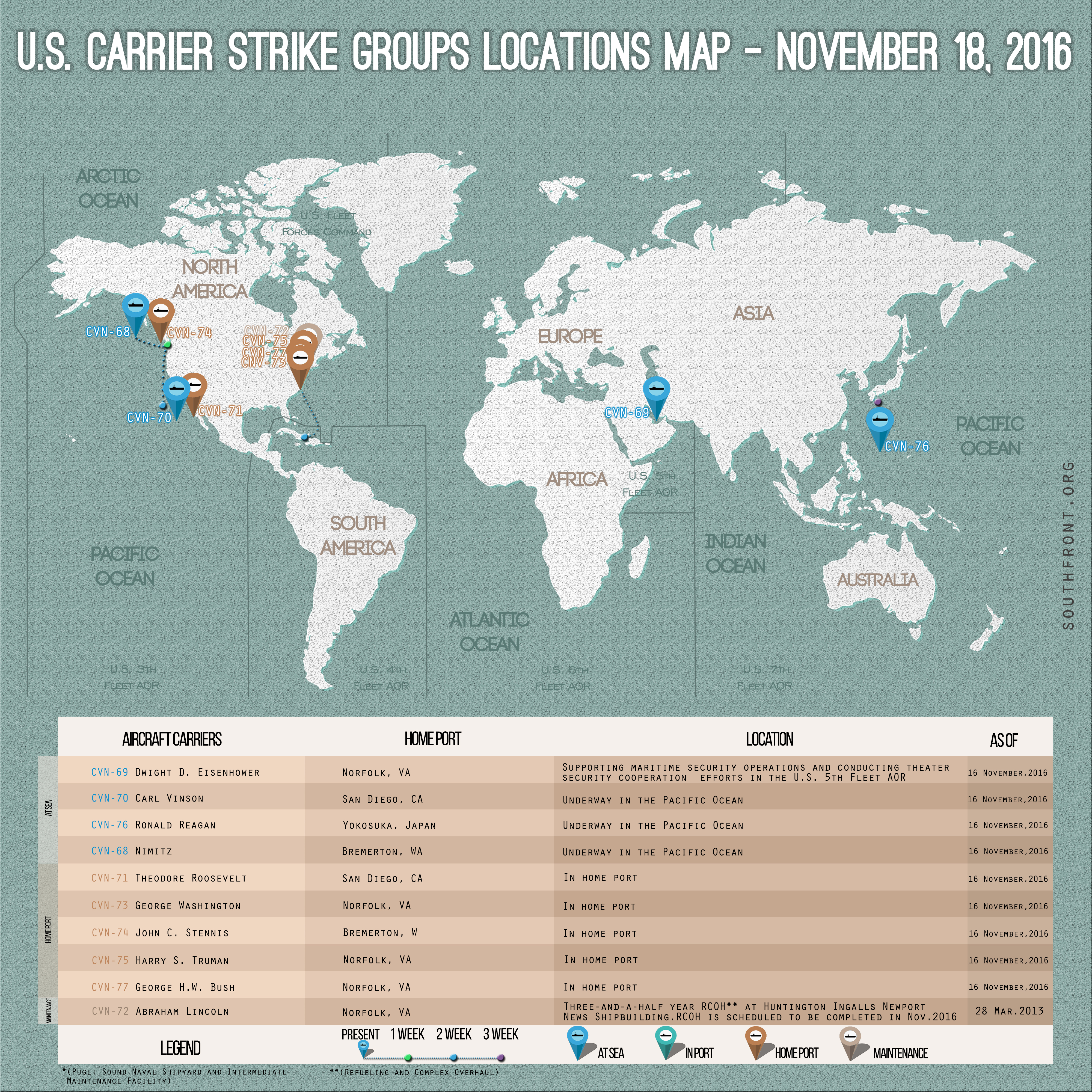 US Carrier Strike Groups Locations Map – November 18, 2016