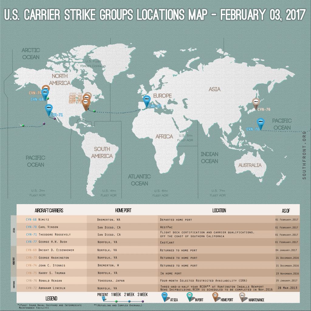 US Carrier Strike Groups Locations Map – February 3, 2017