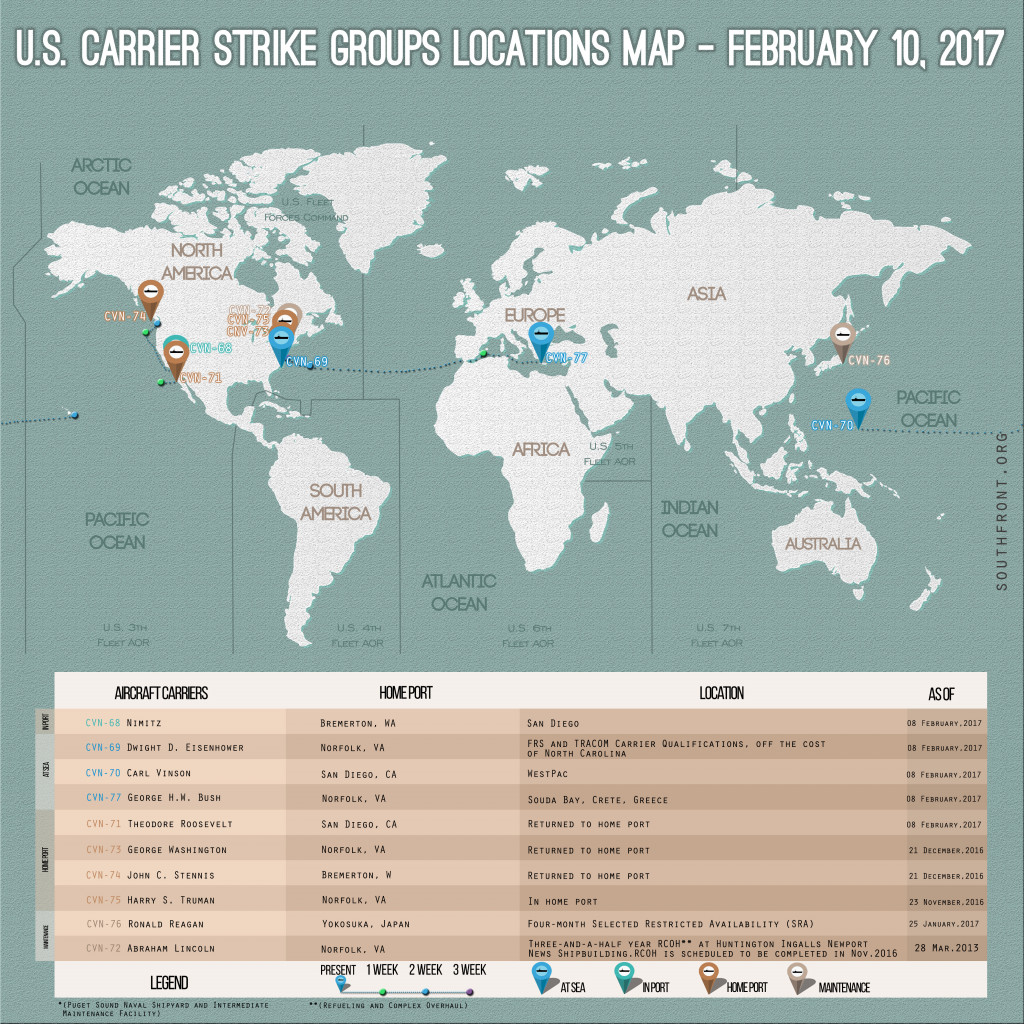 US Carrier Strike Groups Locations Map – February 10, 2017