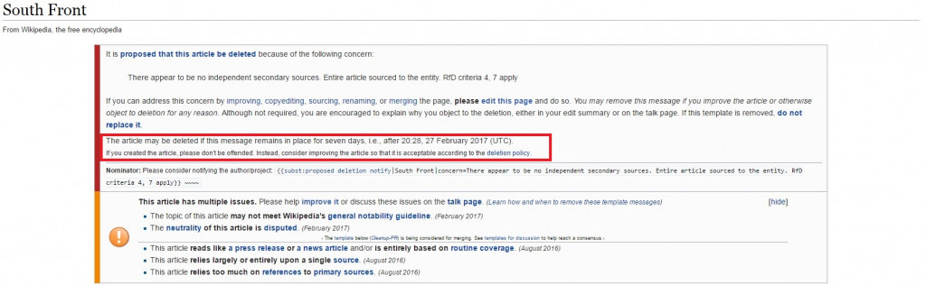 Wikipedia Entry On SouthFront Was Deleted