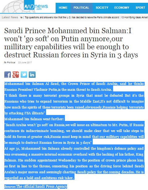 Fake News: Saudi Arabia Issues Ultimatum To Putin, Vows To Destroy "Russian Forces In Syria On 3 Days"