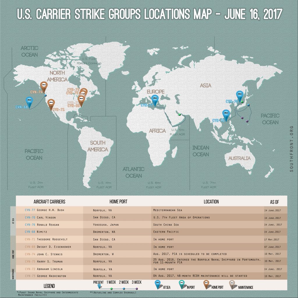 US Carrier Strike Groups Locations Map – June 16, 2017