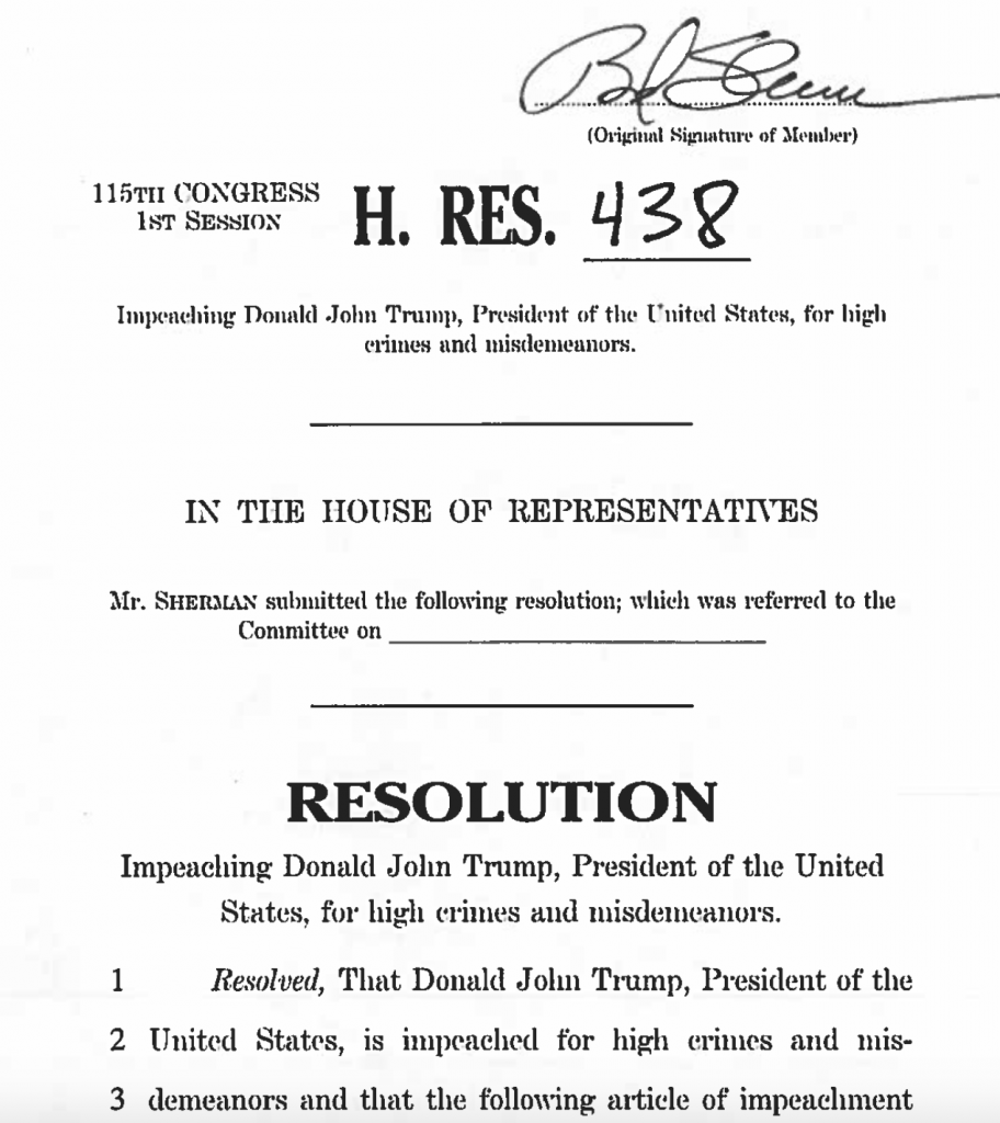 It’s Official: Impeachment Resolution against President Donald J. Trump. H. RES. 438