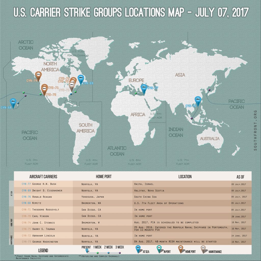 US Carrier Strike Groups Locations Map – July 7, 2017