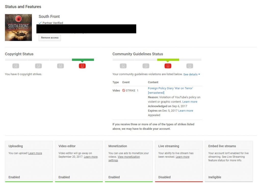 Important Message: SouthFront Is Censored On Youtube