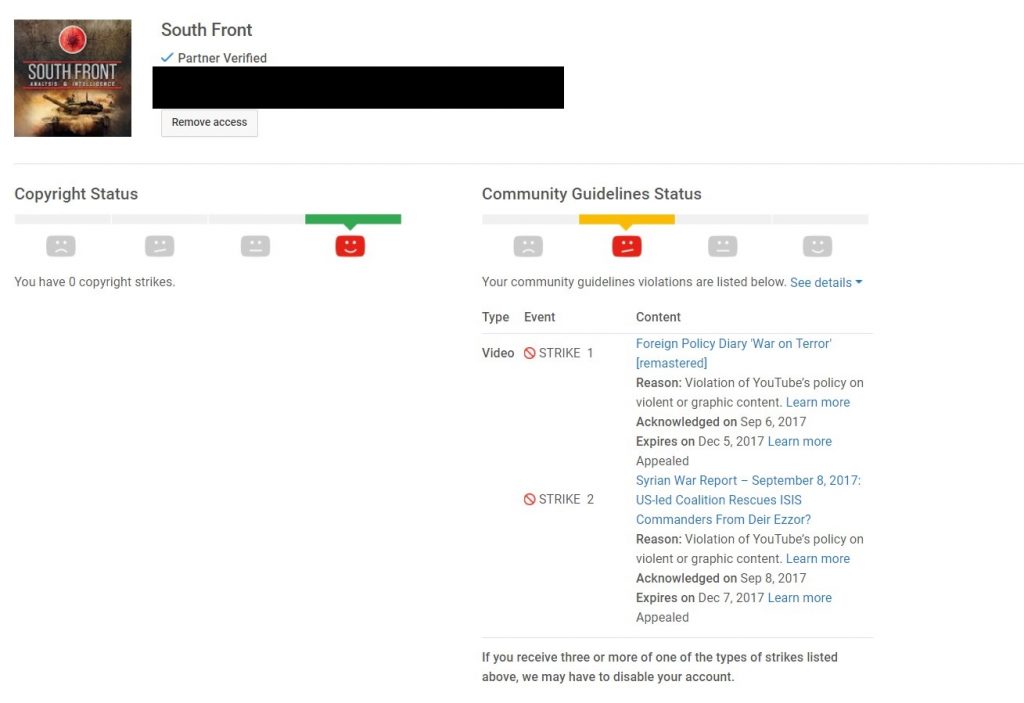 Important Message: SouthFront Is Censored On Youtube