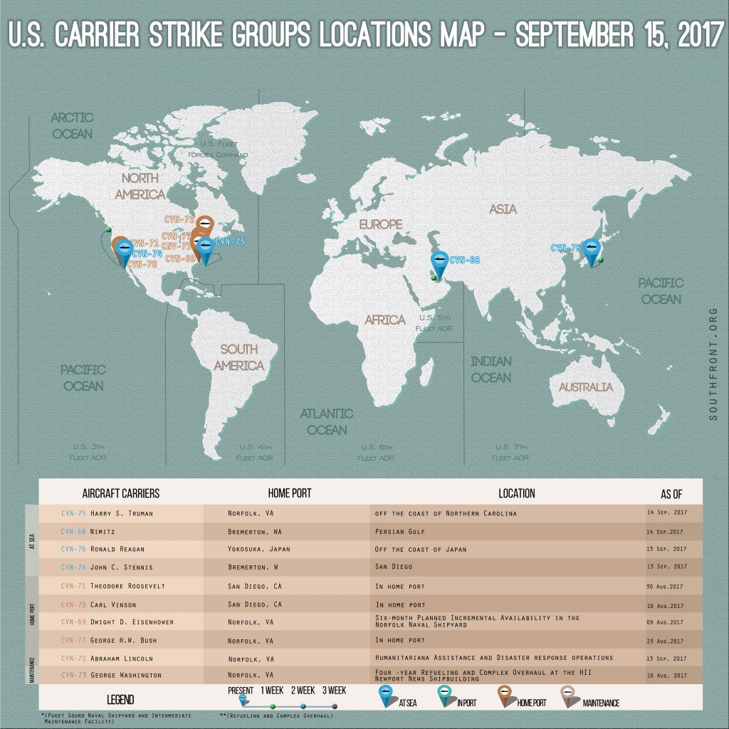 US Carrier Strike Groups Locations Map – September 15, 2017