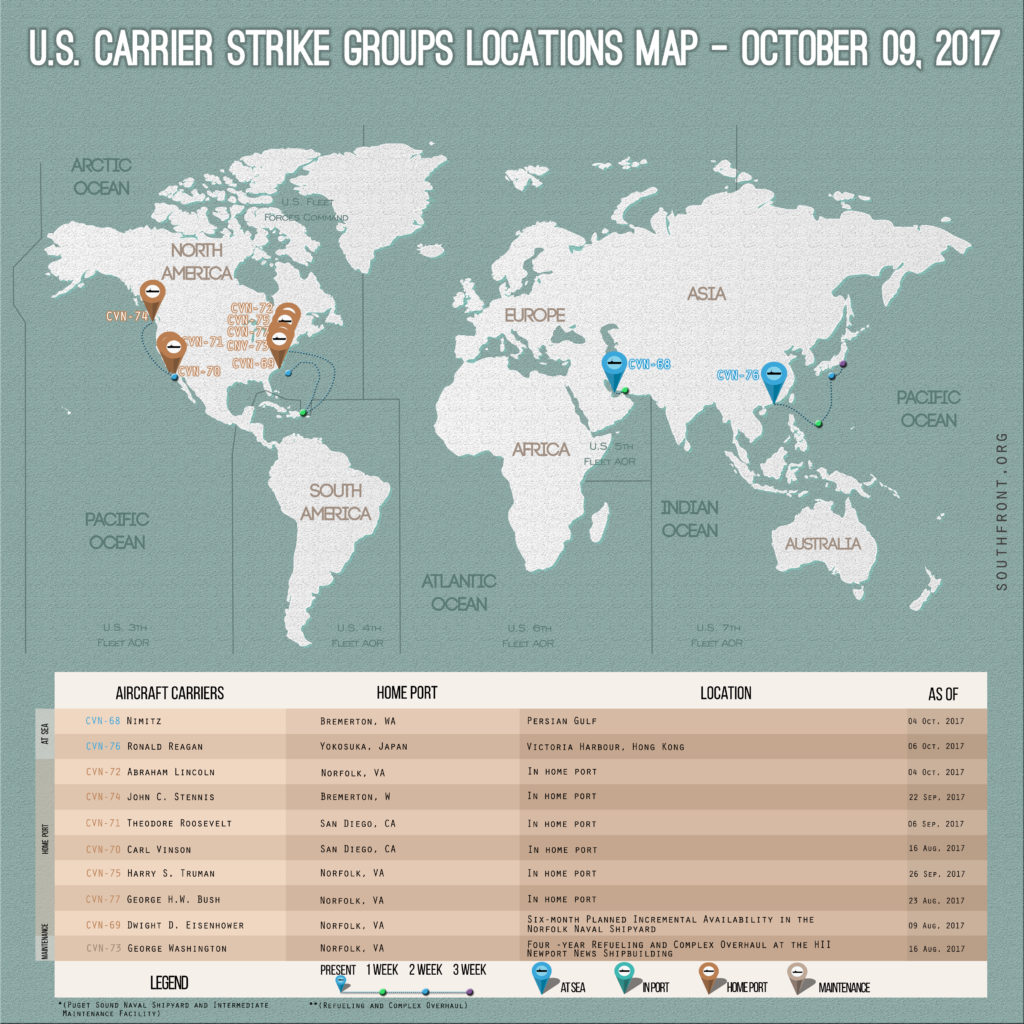 US Carrier Strike Groups Locations Map – October 9, 2017