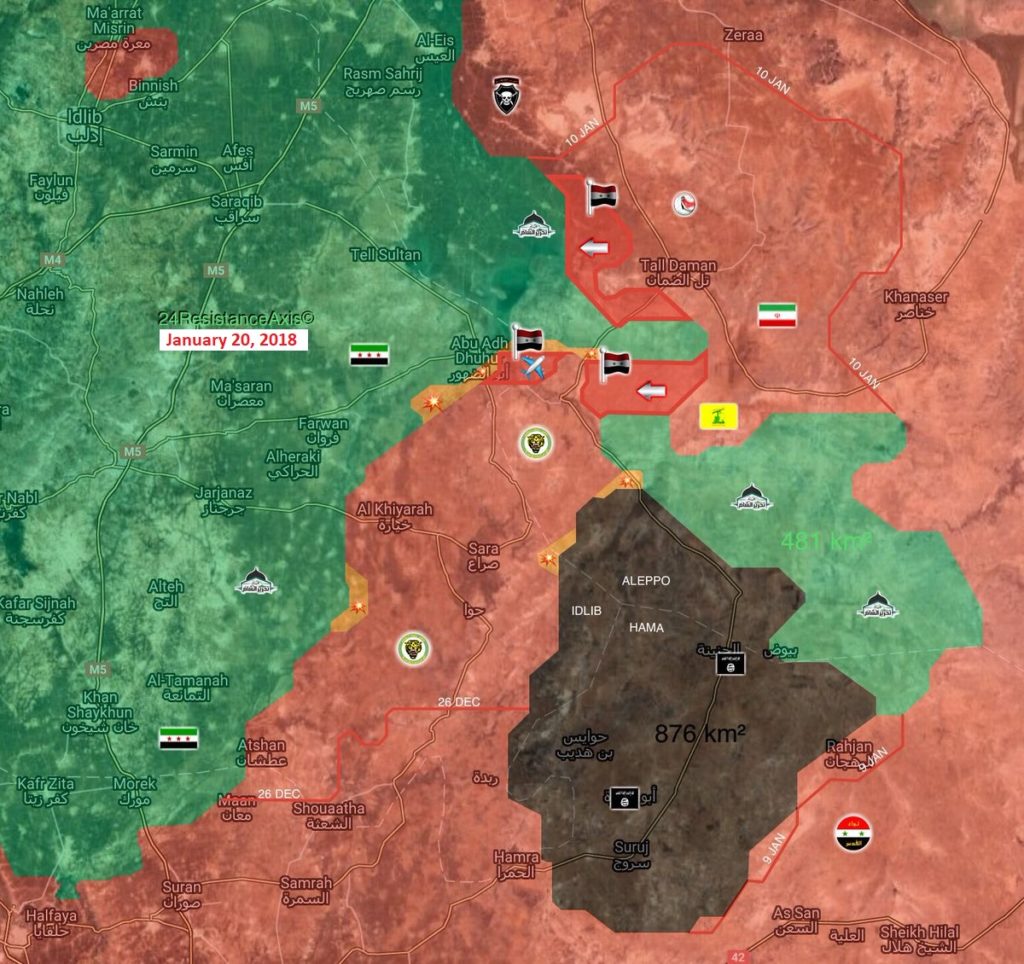 Map Comparison: Military Situation In Area Of Abu al-Duhur On January 1 And January 20, 2018