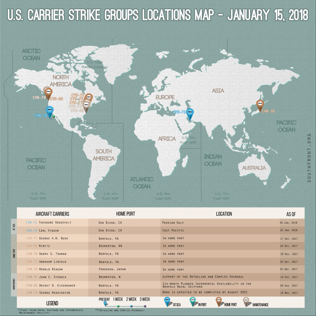 US Carrier Strike Groups Locations Map – January 15, 2018