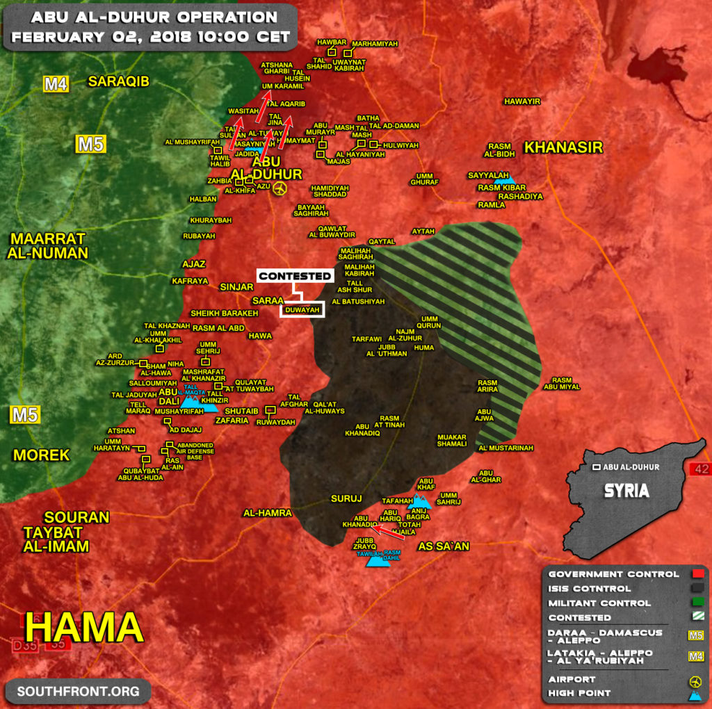 Military Situation In Abu al-Duhur Area On February 2, 2018 (Map Update)