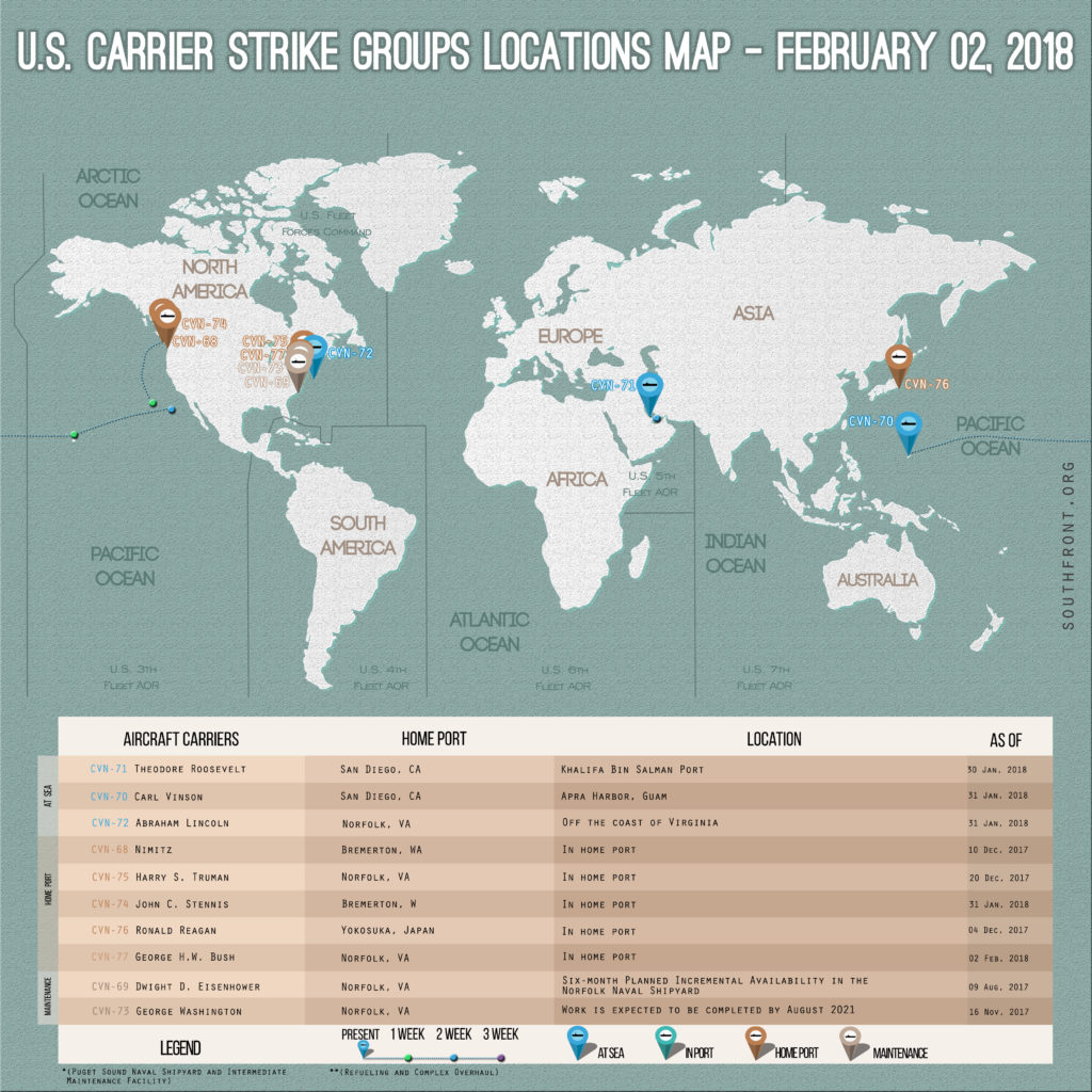 US Carrier Strike Groups Locations Map – February 2, 2018