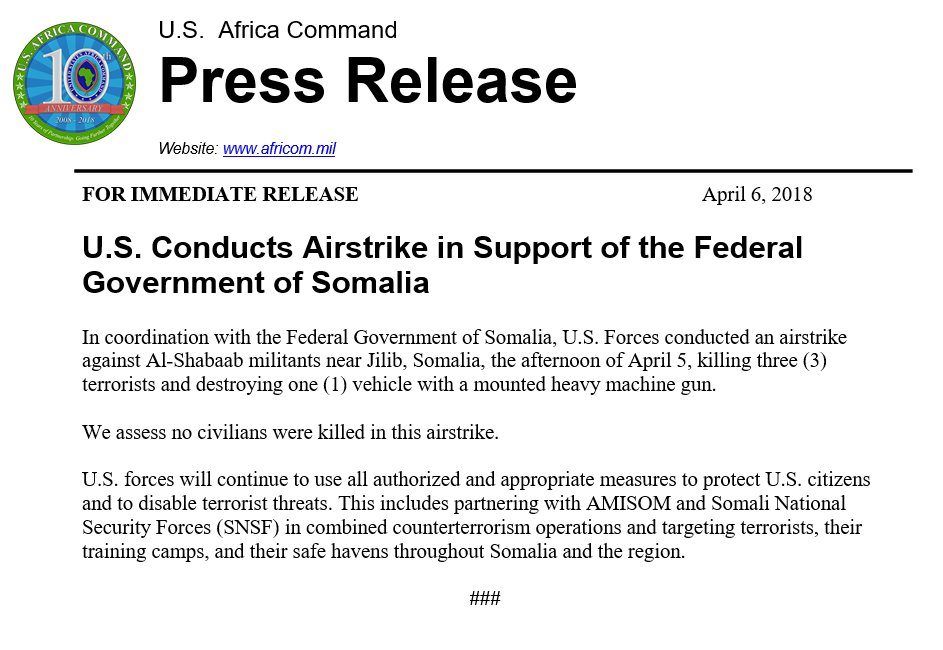 US Airstrike Kills Three Fighters Of al-Shabaab In Somalia