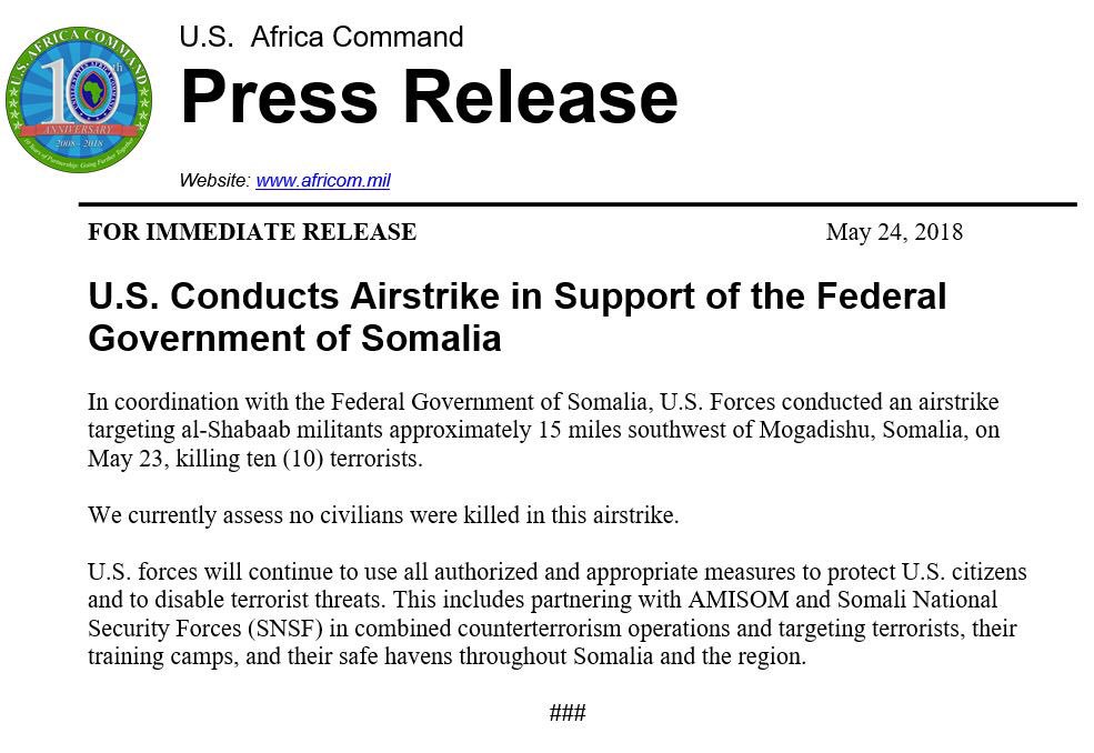 US Airstrike Kills Ten Fighters of Al-Shabaab In Somalia