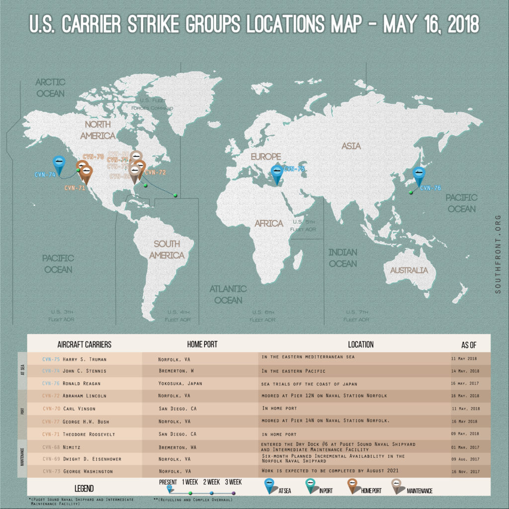 US Carrier Strike Groups Locations Map – May 16, 2018