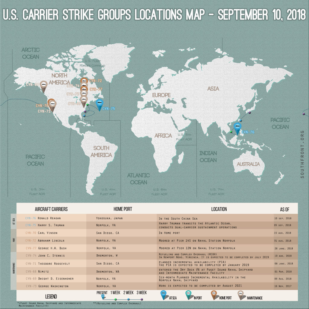 US Carrier Strike Groups Locations Map – September 10, 2018