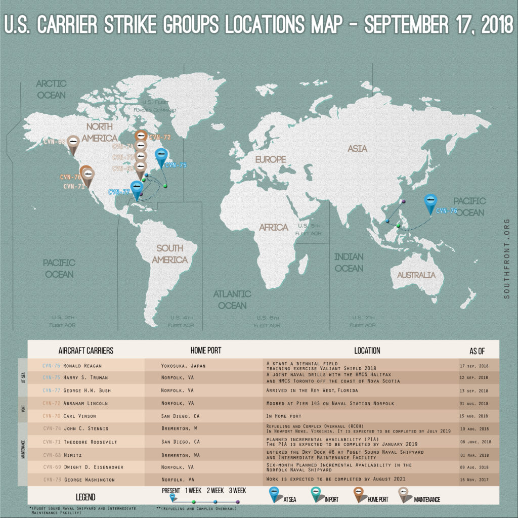 US Carrier Strike Groups Locations Map – September 17, 2018