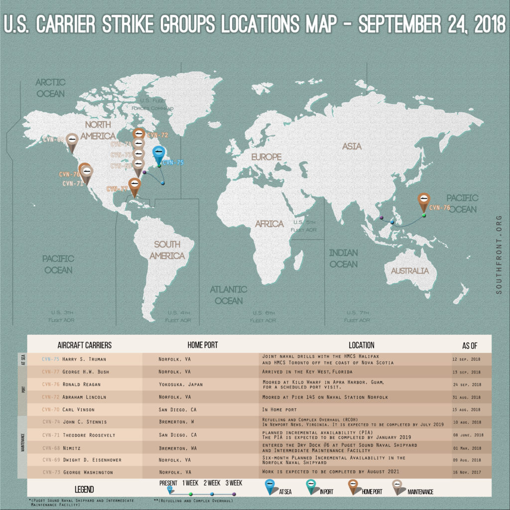 US Carrier Strike Groups Locations Map – September 24, 2018