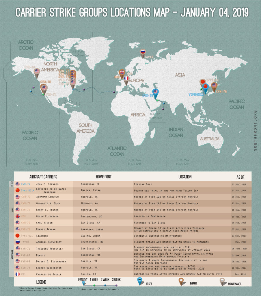 Locations Of US, British, Chinese And Russian Aircraft Carriers – Janaury 4, 2019