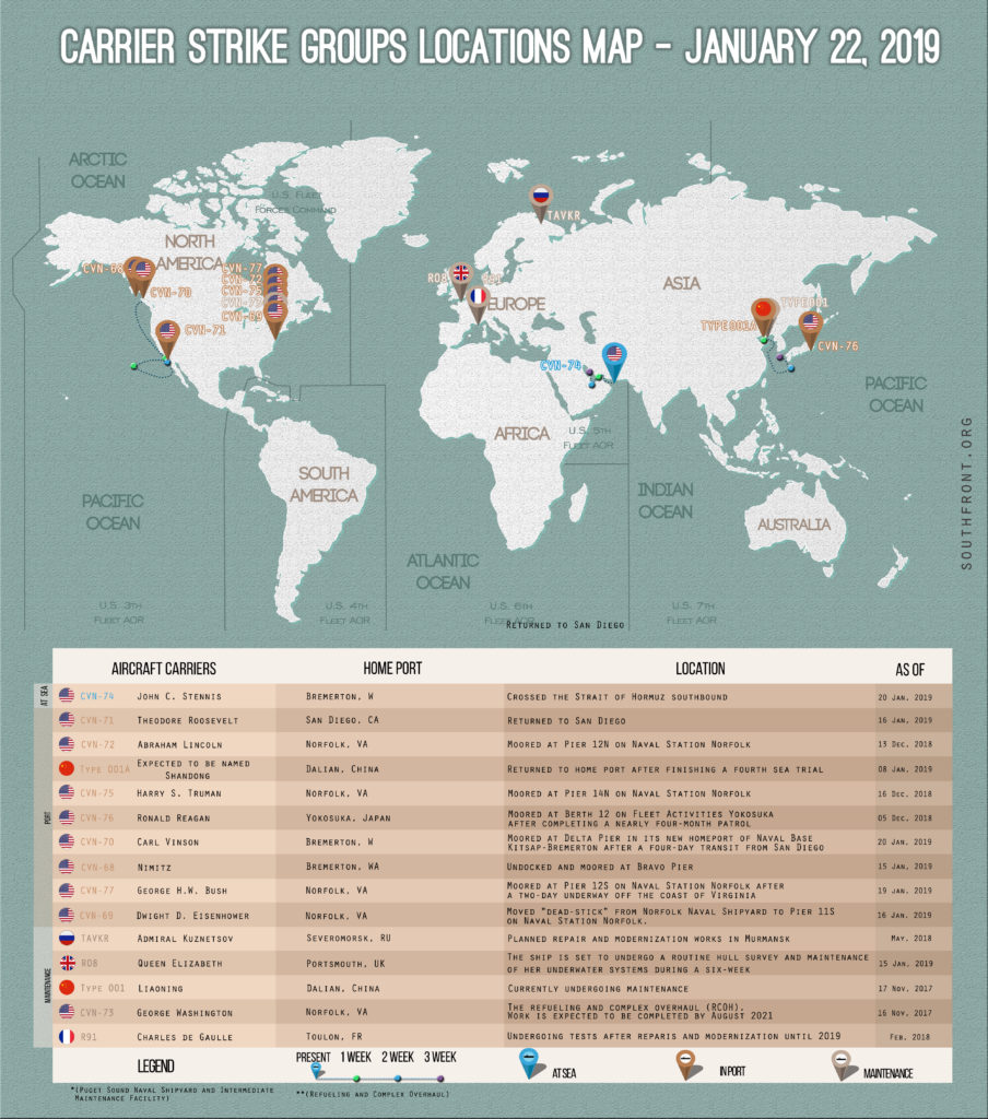 Locations Of US, British, Chinese And Russian Aircraft Carriers – Janaury 22, 2019