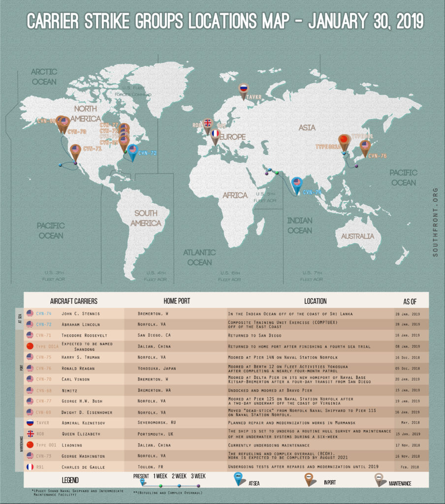 Locations Of US, British, Chinese And Russian Aircraft Carriers – January 30, 2019