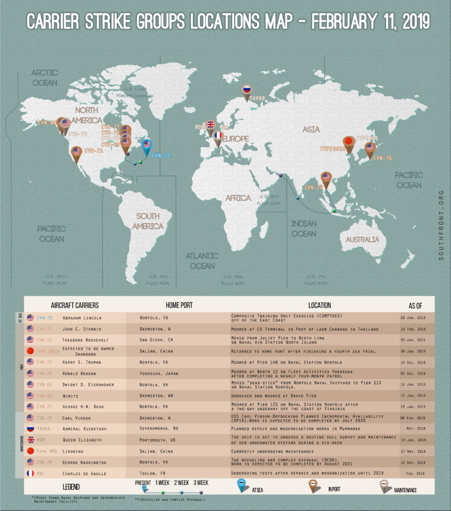 Locations Of US, British, Chinese And Russian Aircraft Carriers – February 11, 2019