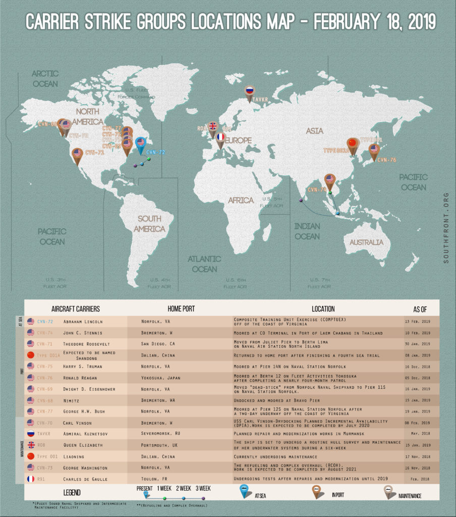 Locations Of US, British, Chinese And Russian Aircraft Carriers – February 18, 2019