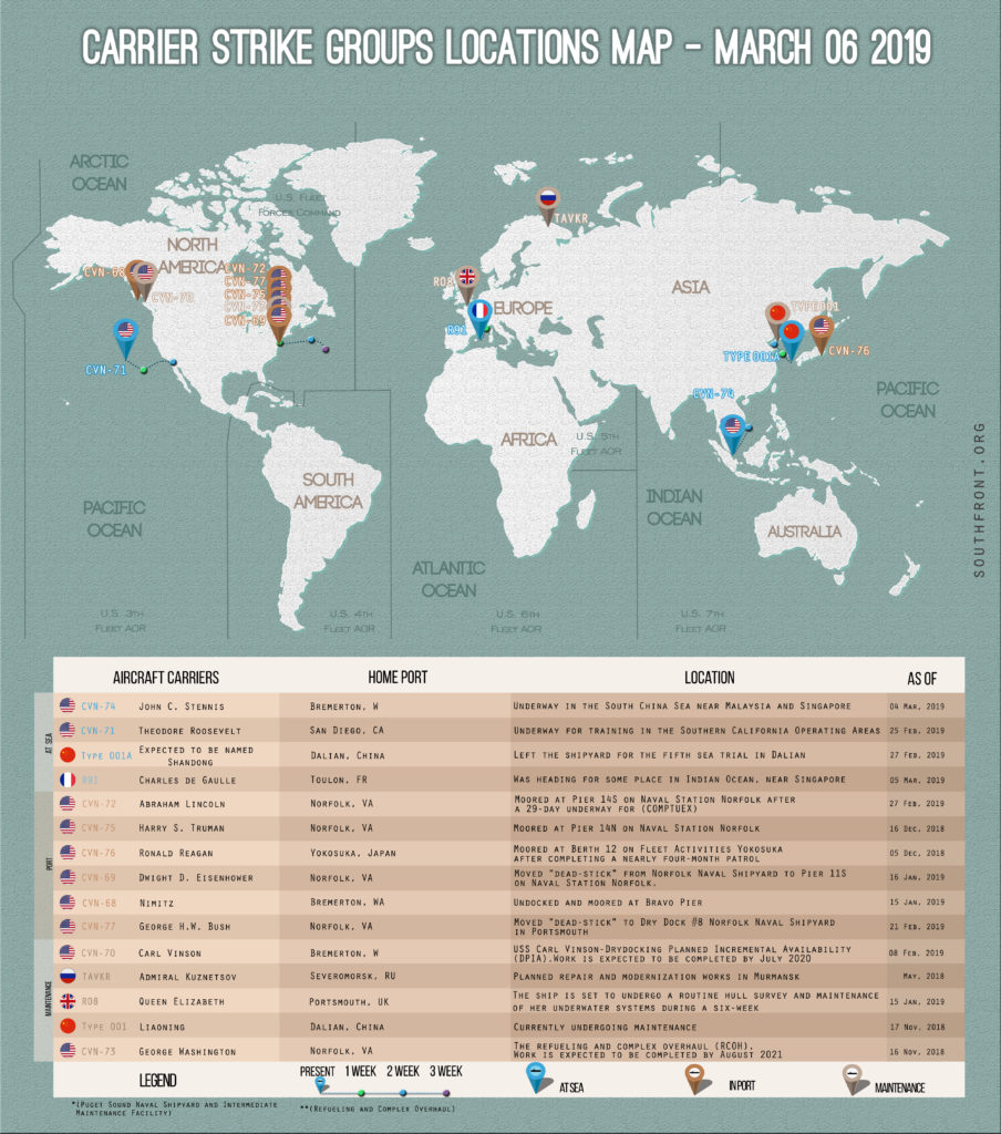 Locations Of US, British, Chinese And Russian Aircraft Carriers – March 6, 2019