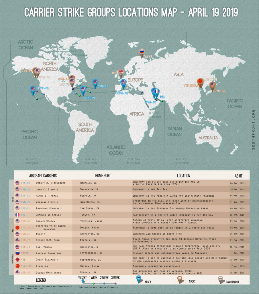 Locations Of US, British, Chinese, French And Russian Aircraft Carriers - April 19, 2019